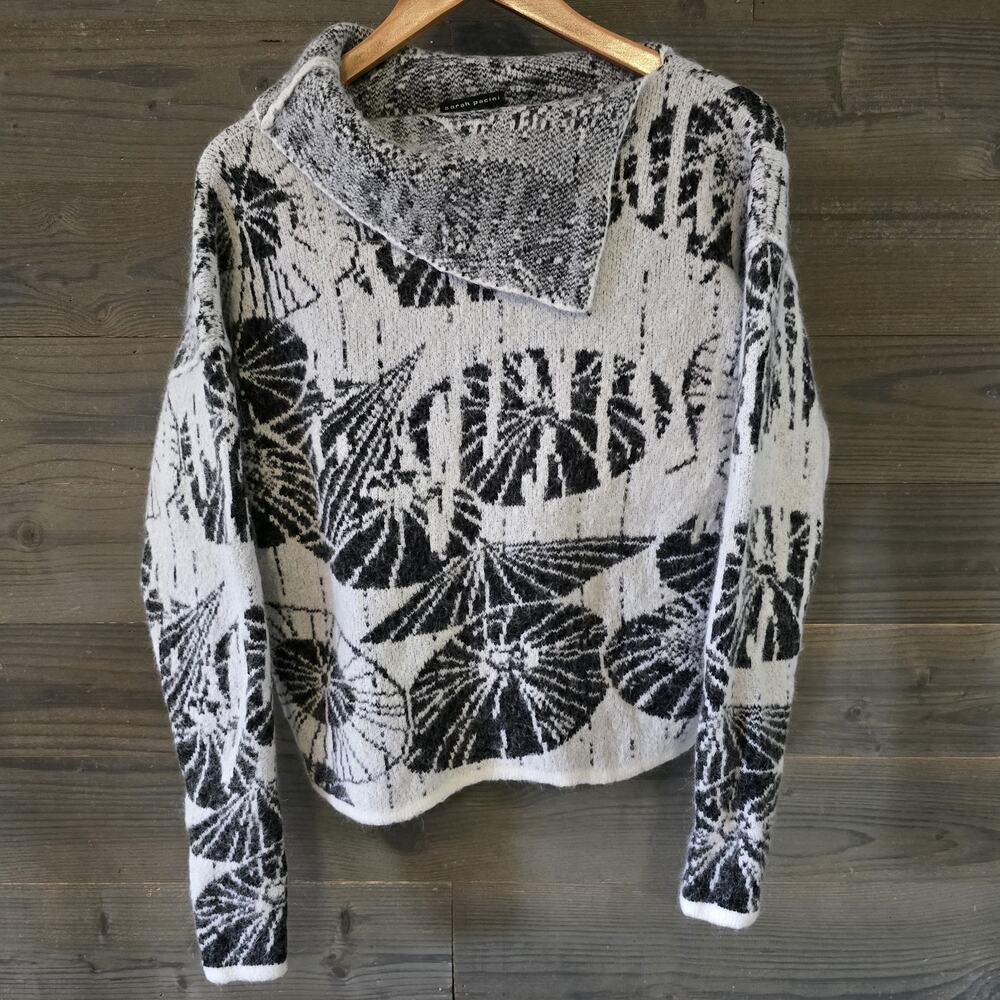 Sarah Pacini Italy Women's Sweater One Size Gray Black Abstract Cowl Neck